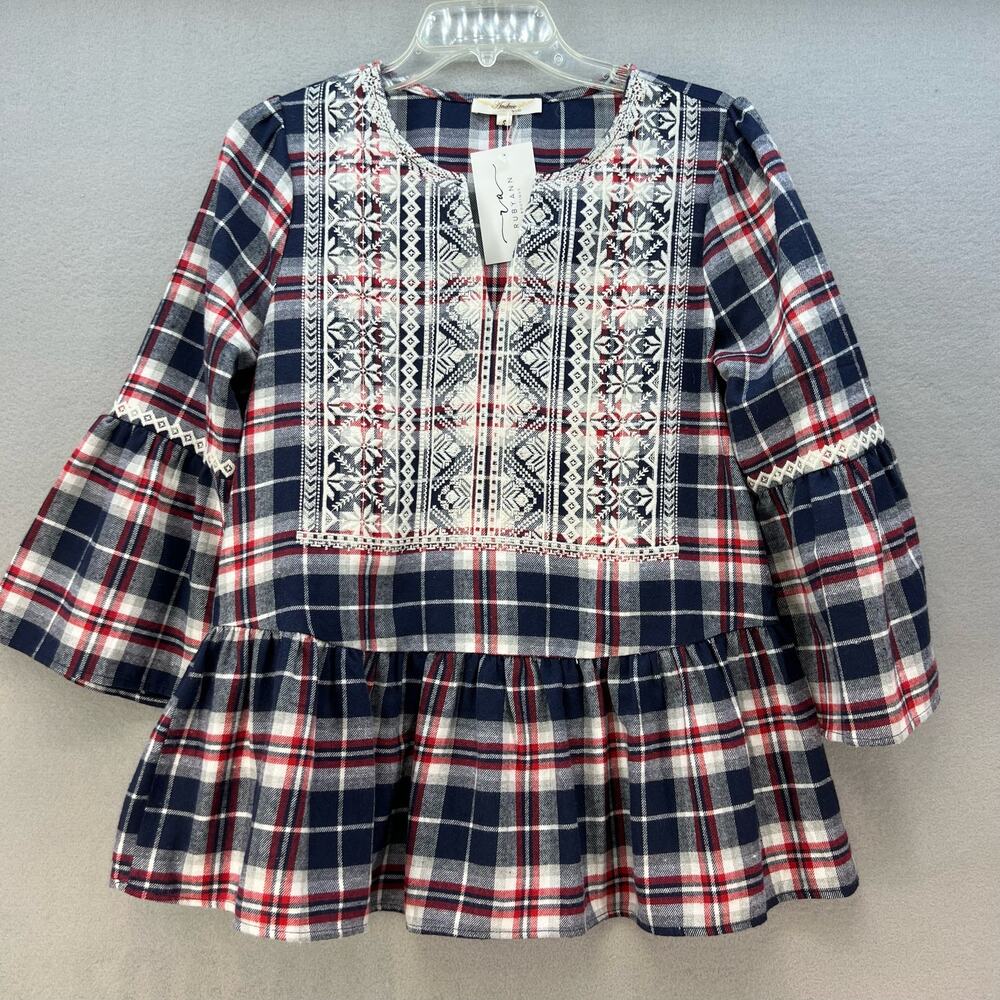 NWT Andree By Unit Top Women's S Blue Red Plaid Peasant Flannel Country Barbie